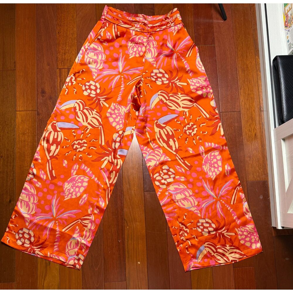 House of Harlow 1960 Orange Tropical Toucan Print Wide Leg Satin Pants Small
